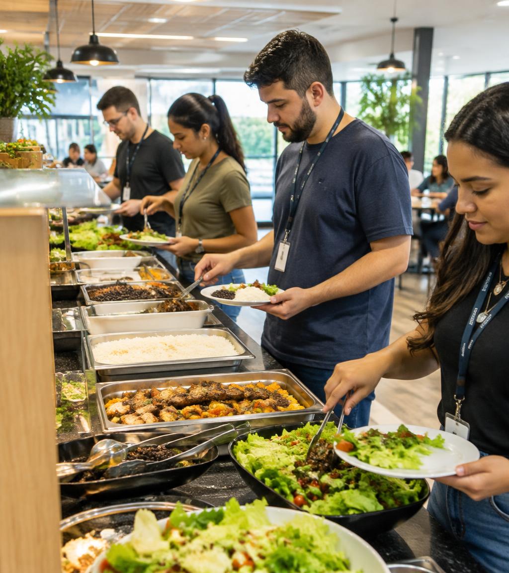 Colaboradores servindo refeições em buffet corporativo