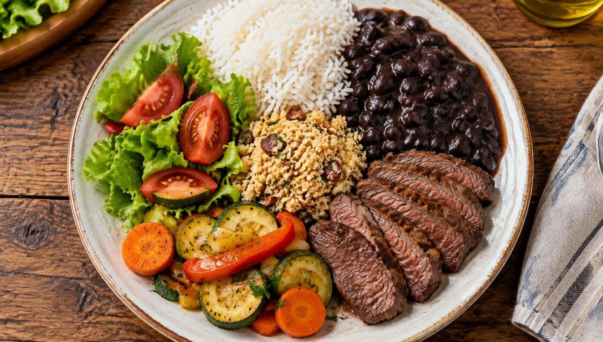 Prato de comida brasileira caseira com arroz, feijão, carne e salada fresca