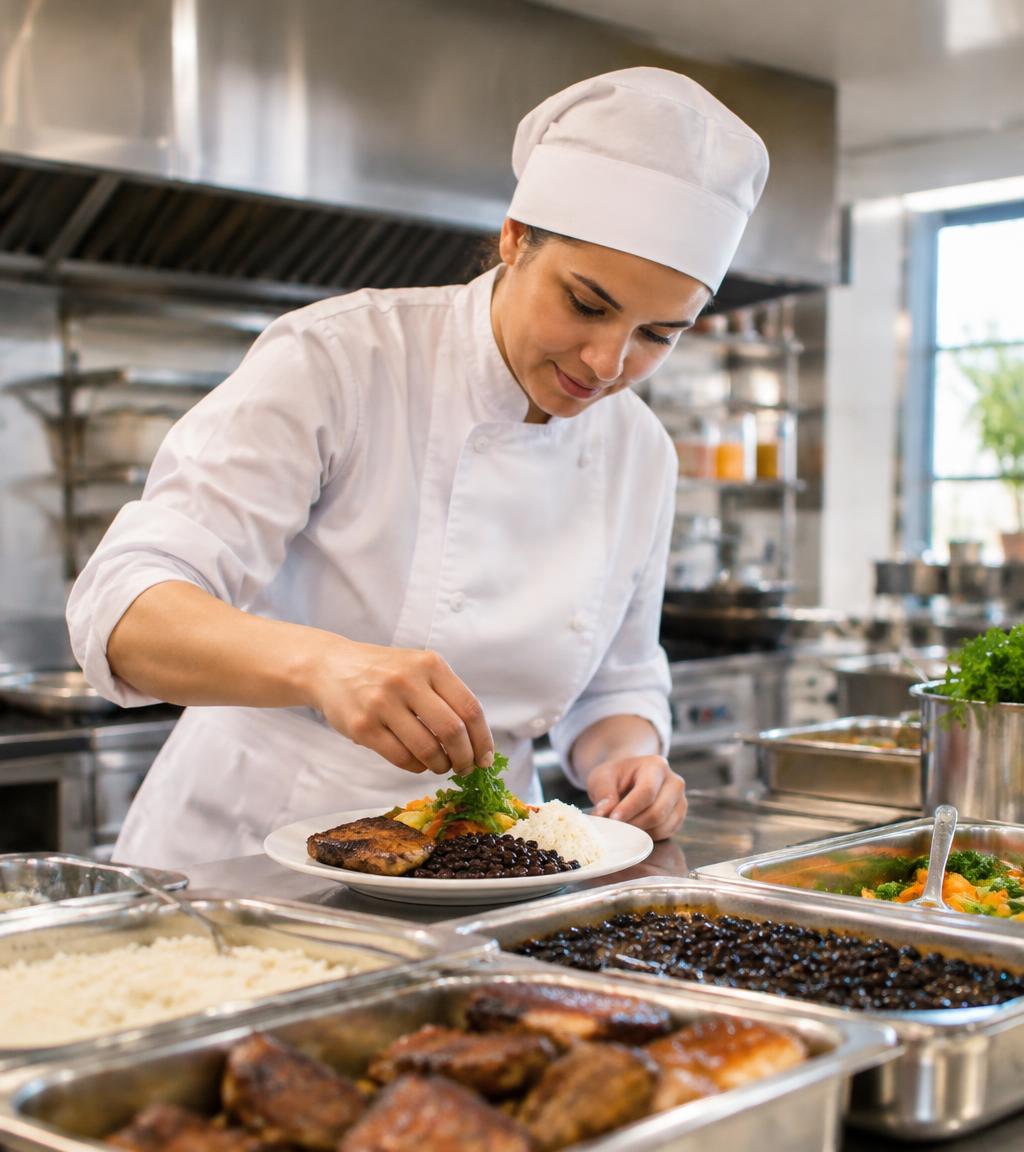 Profissional de cozinha preparando refeições na cozinha industrial da Donnatêra